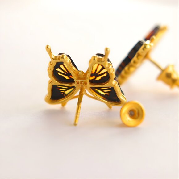 Baltic Amber Butterfly Stud Earrings in 14k Gold Platd Sterling Silver - Picture 4 of 5